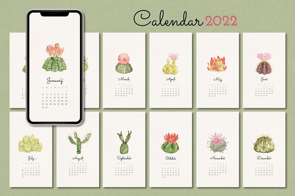 Botanical 2022 monthly calendar template, cactus iPhone wallpaper vector set