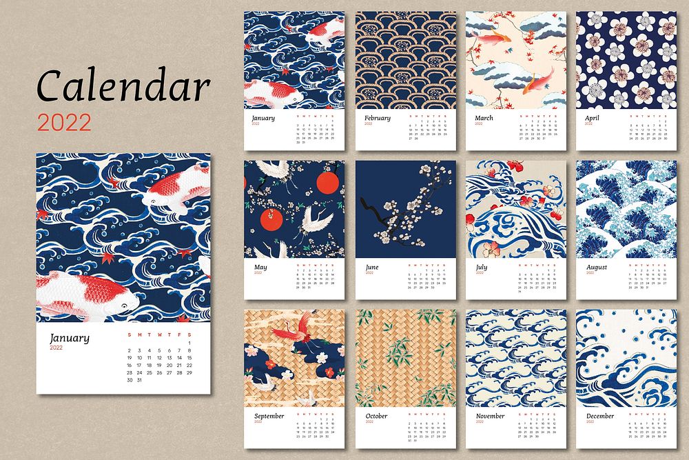 Japanese 2022 monthly calendar template, vintage pattern vector set. Remix from vintage artwork by Watanabe Seitei.