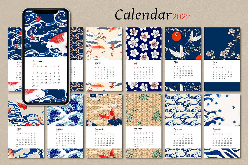 2022 monthly calendar template, vintage Japanese pattern iPhone wallpaper vector set. Remix from vintage artwork by Watanabe…