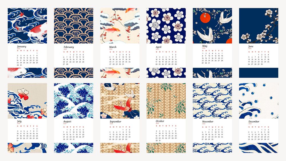 2022 monthly calendar template, vintage Japanese pattern iPhone wallpaper vector set. Remix from vintage artwork by Watanabe…