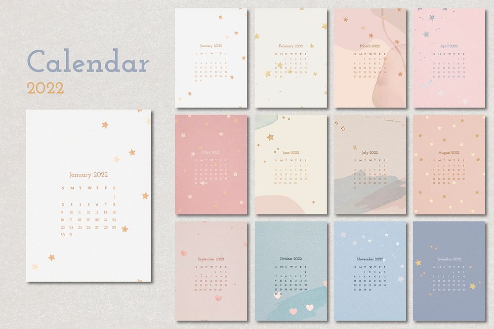 Aesthetic 2022 monthly calendar template, vector set