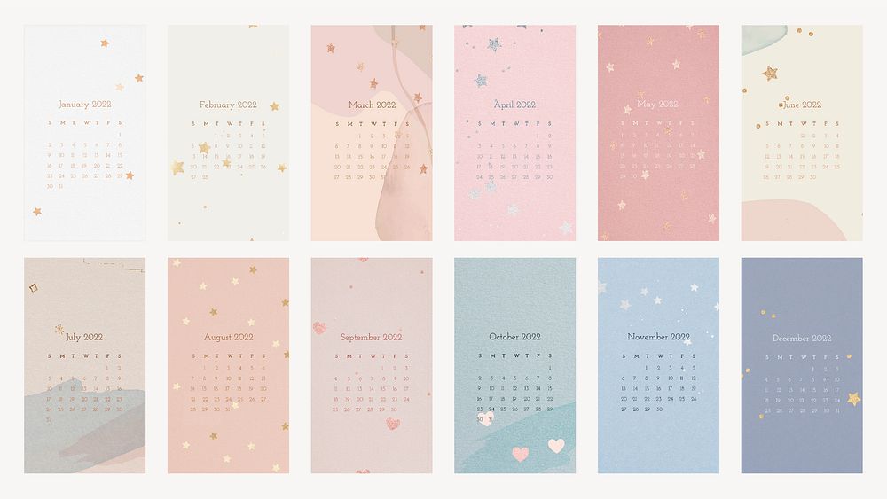 Aesthetic 2022 monthly calendar template, iPhone wallpaper vector set