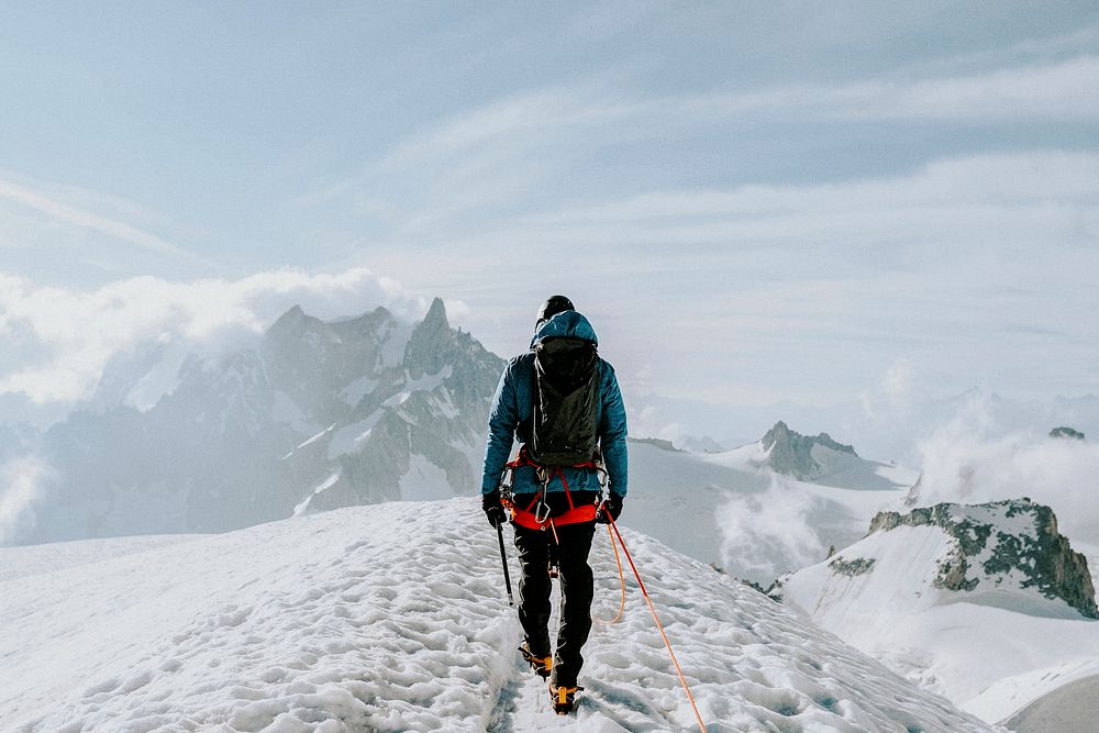 Adventure wallpaper background, hiker at Aiguille | Premium Photo ...