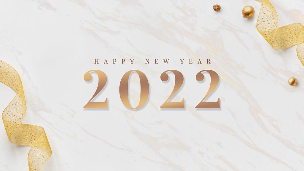 2022 happy new year wallpaper card gold ribbons on white marble design