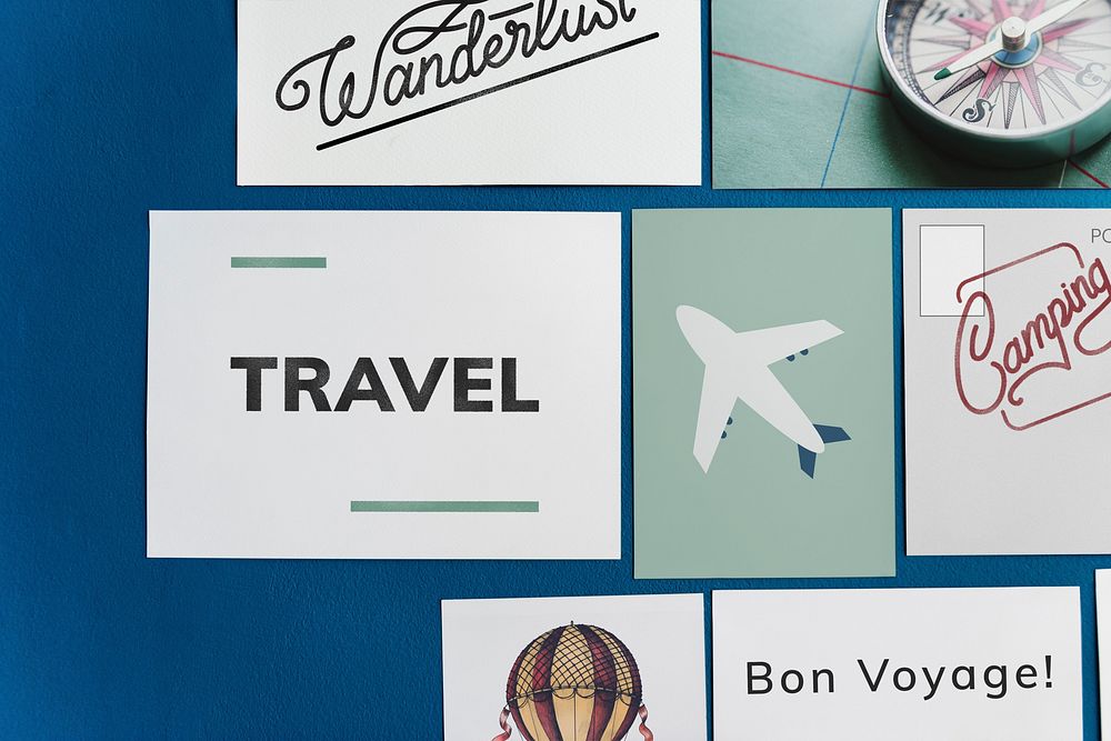 Travel postcard set on a blue wall