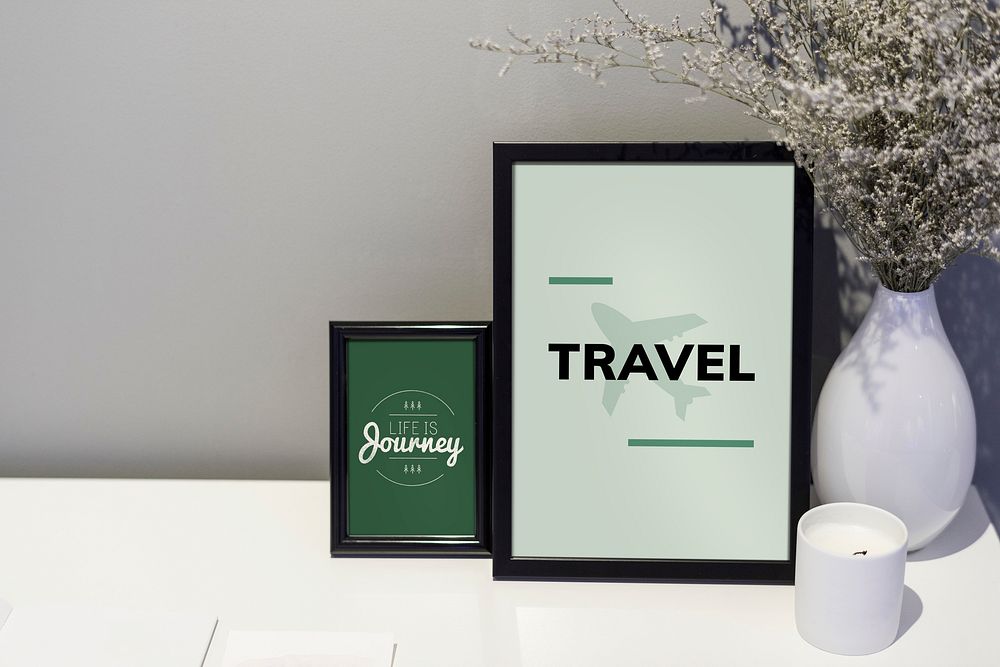 Travel quote and illustration in picture frames