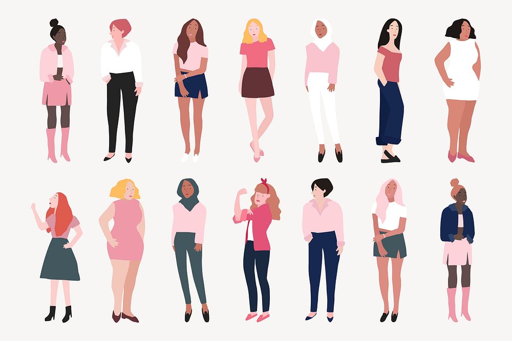 Diverse women collage element, character illustrations psd set