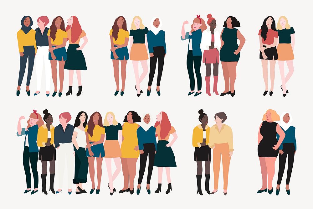 Feminism & community collage element, female character illustrations psd set