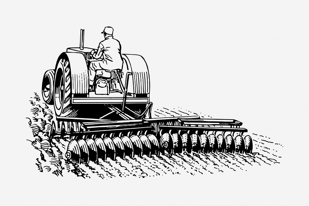 Harrow tractor drawing, vintage farming illustration. Free public domain CC0 image.