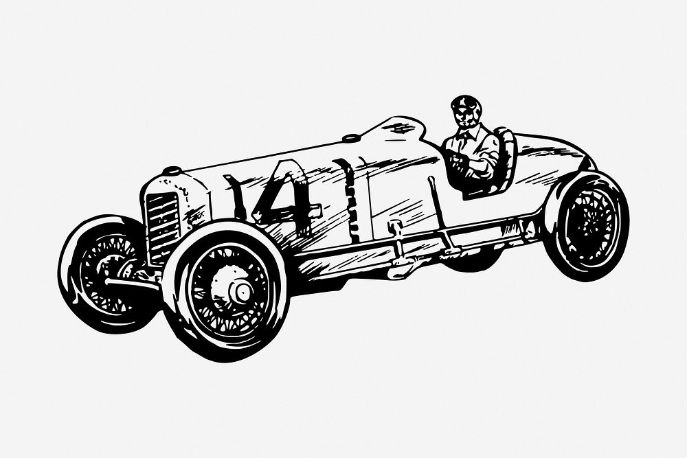 Vintage racing car drawing, vehicle illustration. Free public domain CC0 image.