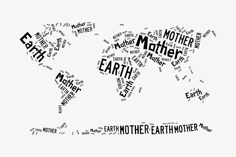Typography world map clipart, mother earth text vector. Free public domain CC0 image.