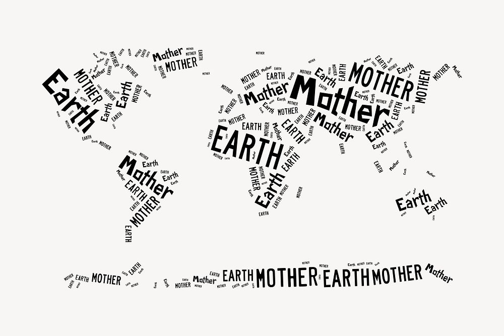 Typography world map clipart, mother earth text. Free public domain CC0 image.