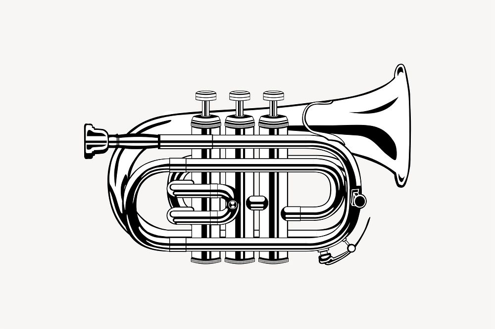 Pocket trumpet drawing, musical instrument illustration psd. Free public domain CC0 image.