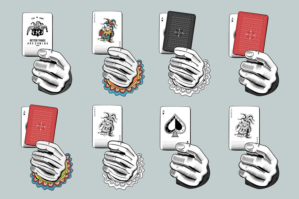 Holding playing cards psd illustration set