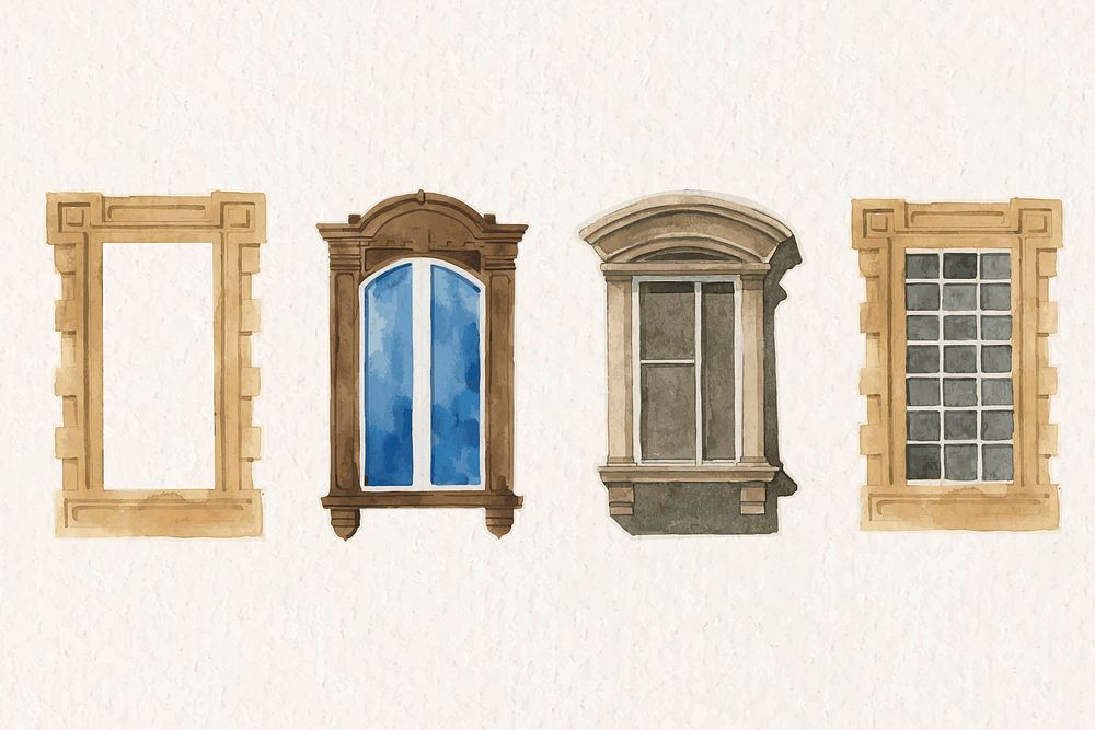 Vintage European window architecture vector set watercolor clipart