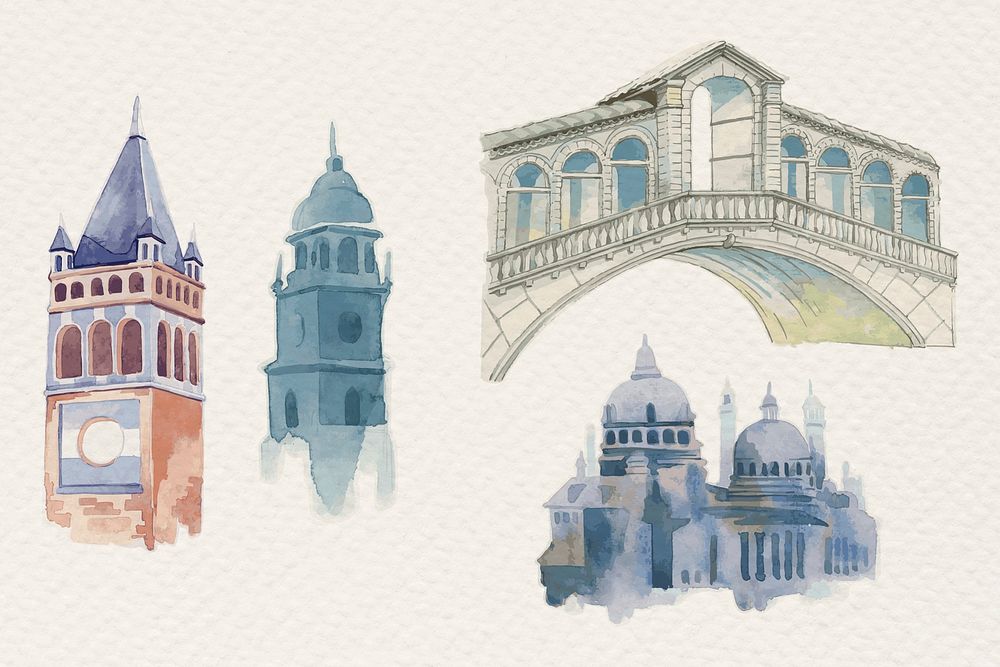 Psd old European architectural building watercolor clipart set