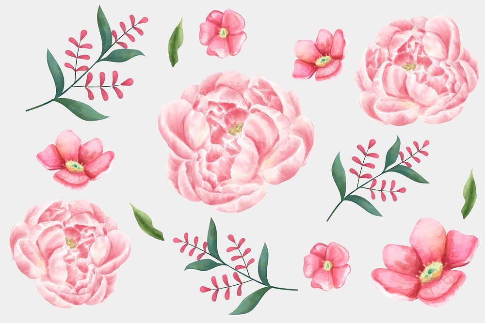 Watercolor pink flowers psd drawing clipart collection