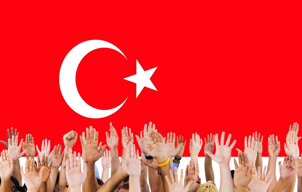 Turkey National Flag People Hand Raised Concept