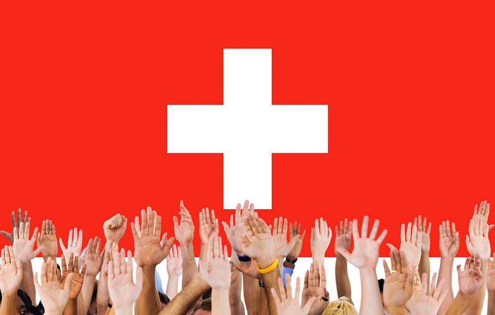 Switzerland National Flag People Hand Raised Concept