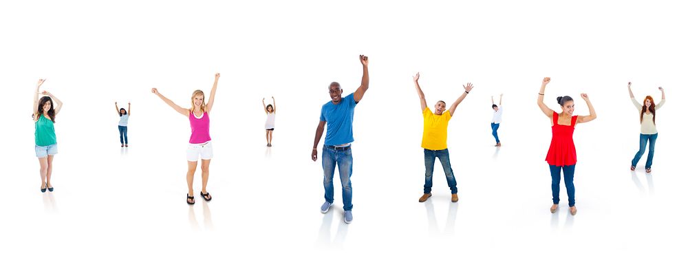Multi-Ethnic Group Of People With Their Arms Raised Standing Individually In A White Background.