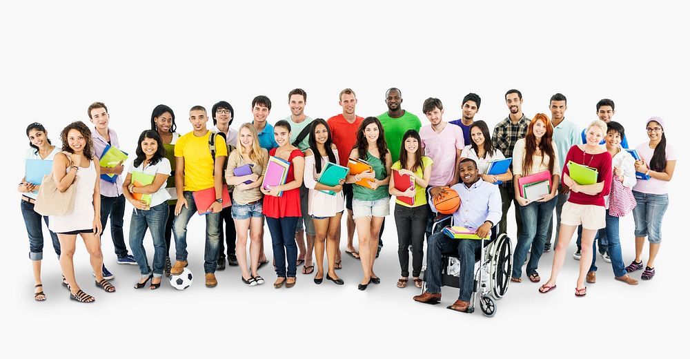 Group of diverse college students isolated on white