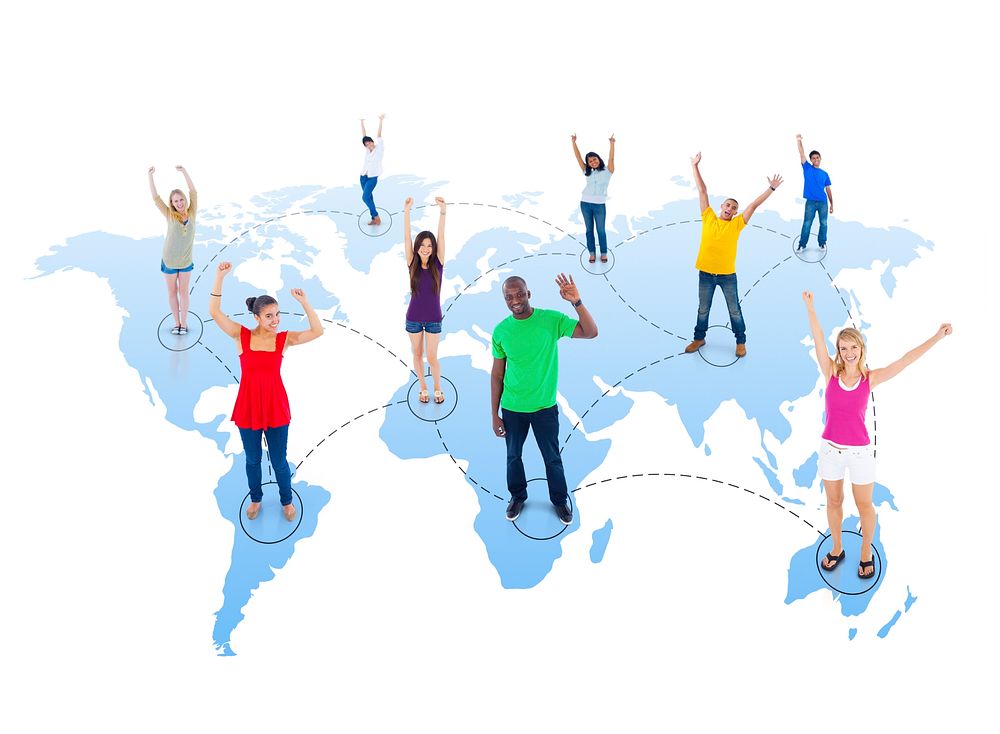 Connected Multi-Ethnic People with Arms Raised Standing on World