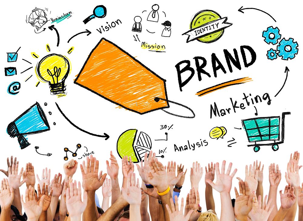 Diverse People Hand Raised Marketing Brand Concept