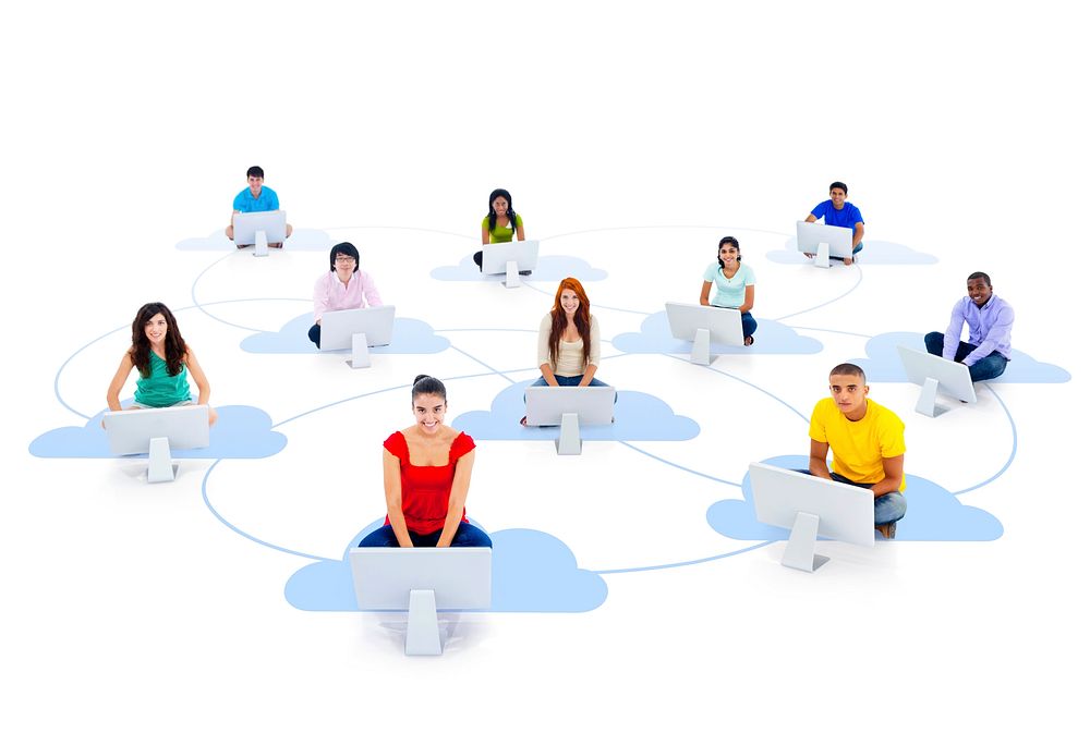Group of connected multi-ethnic people sitting on a cloud with computer.
