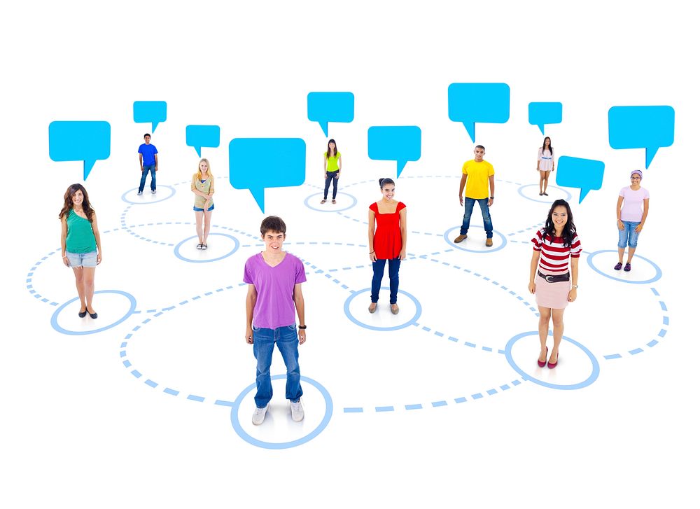 Connected Multi-Ethnic People with Empty Speech Bubbles Above
