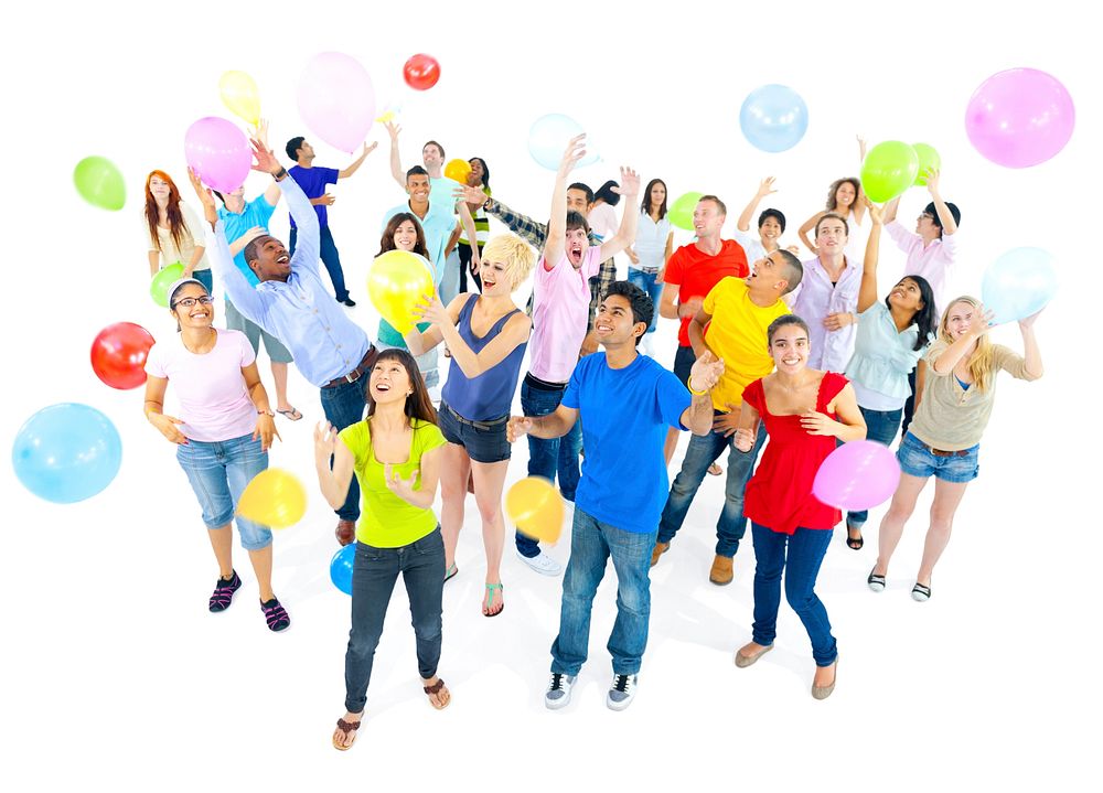 Group of Excited young adult Celebrating with Balloons