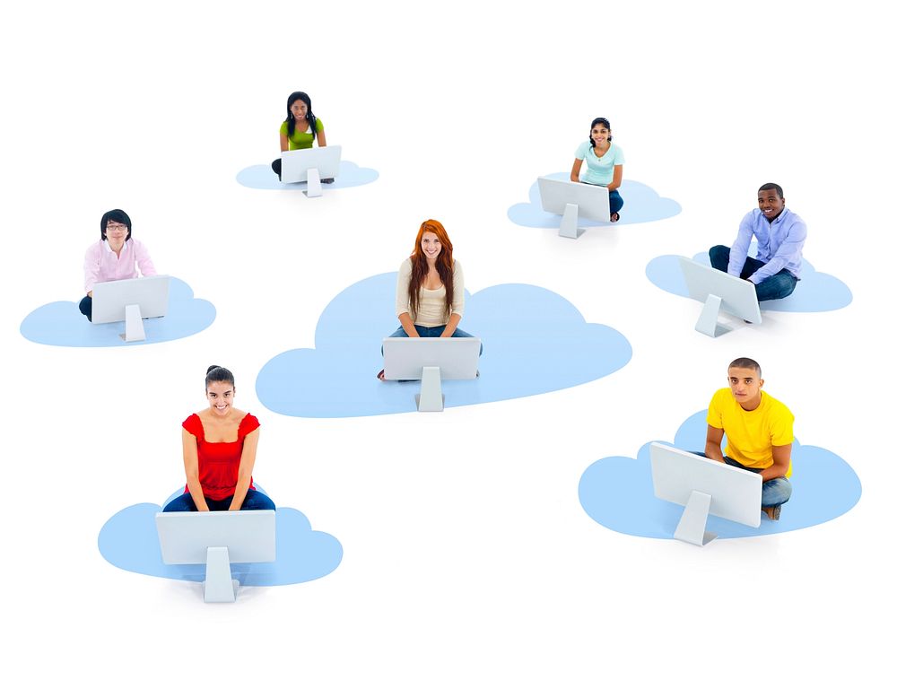 Group of multi-ethnic young people sitting on a cloud with computer.