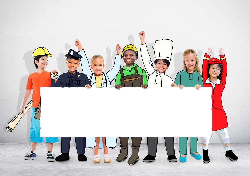 Group of Children in Dreams Job Uniform Holding Banner with Copy Space