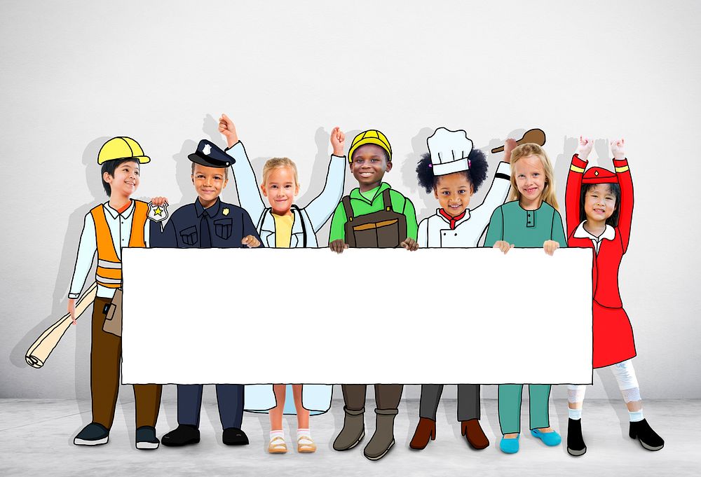 Group of Children in Dreams Job Uniform Holding Banner with Copy Space