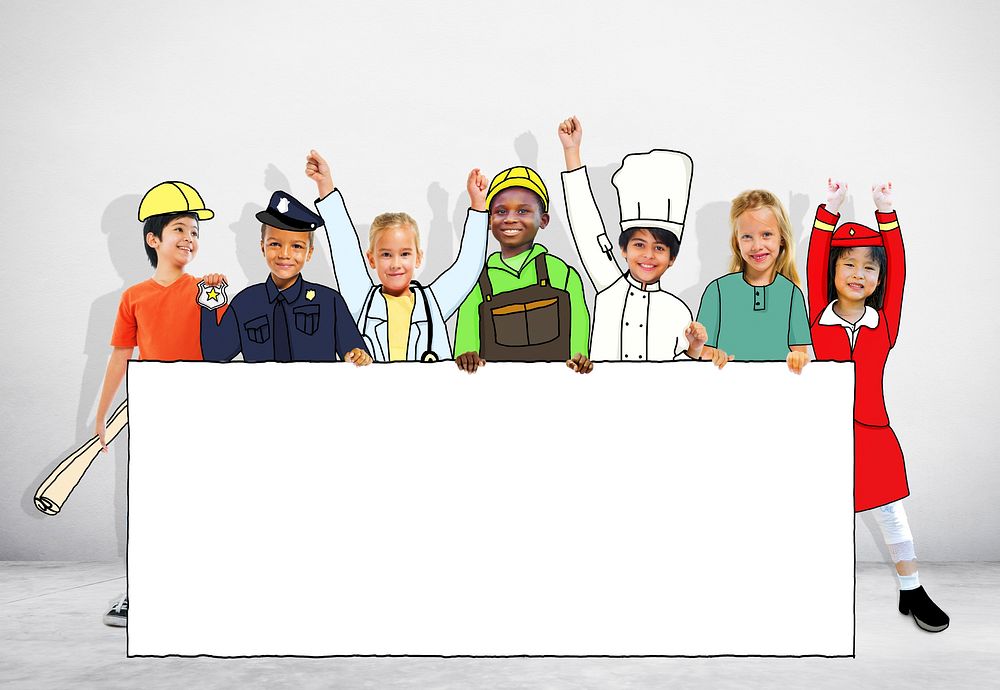 Group of Children in Dreams Job Uniform Holding Banner with Copy Space