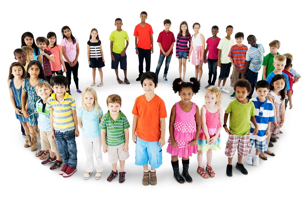 Group of diverse kids standing in circle together isolated on white