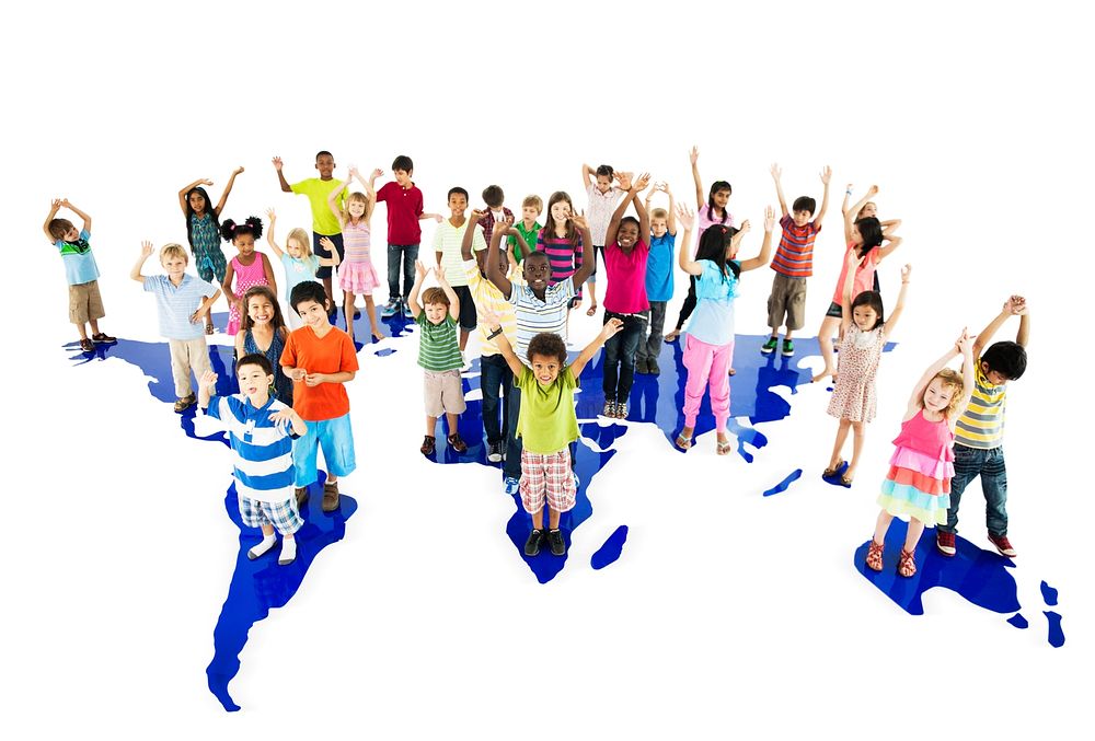 Group of diverse kids standing together with arms raised
