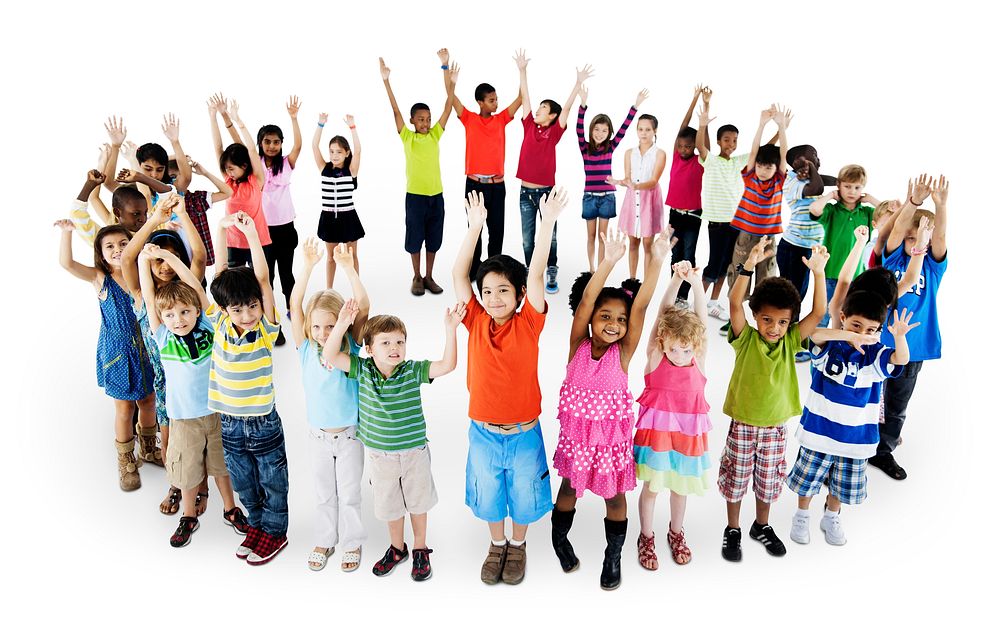 Group of diverse kids standing in circle with arms raised isolated on white
