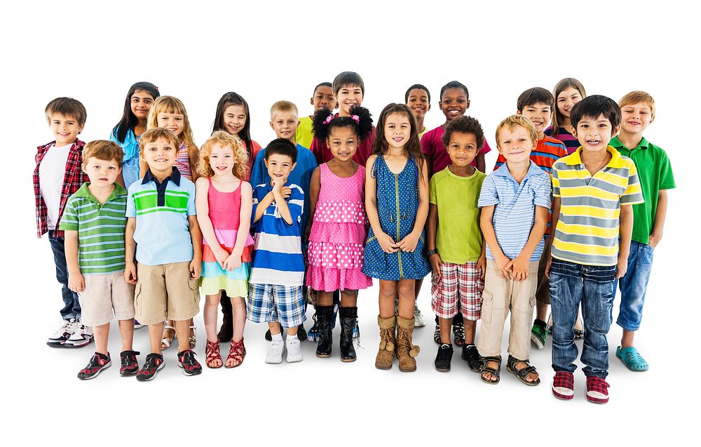 Group of diverse kids standing together isolated on white