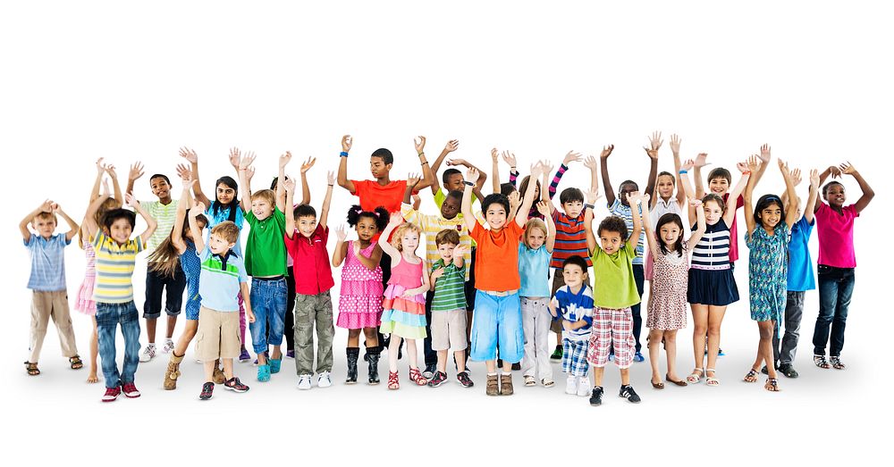 Group of diverse kids with arms raised isolated on white