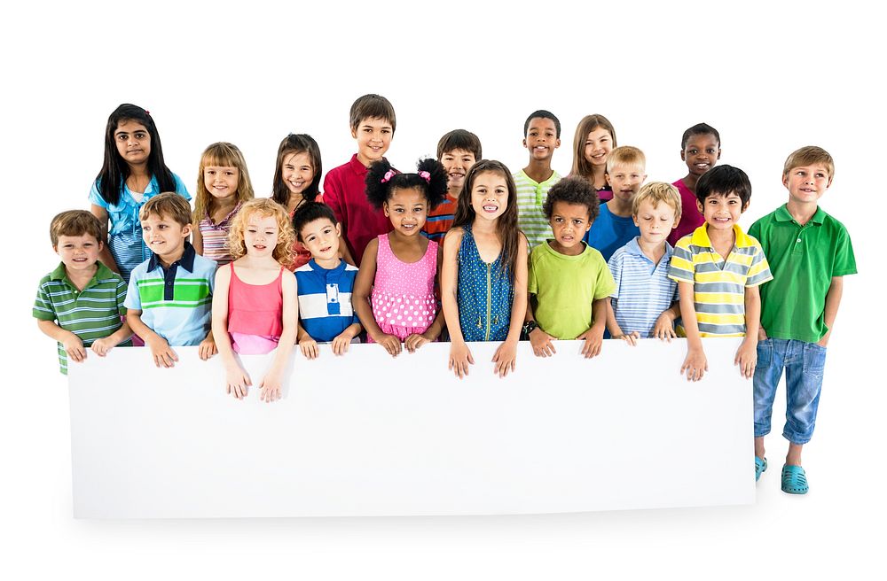 Group of diverse kids with blank board isolated on white