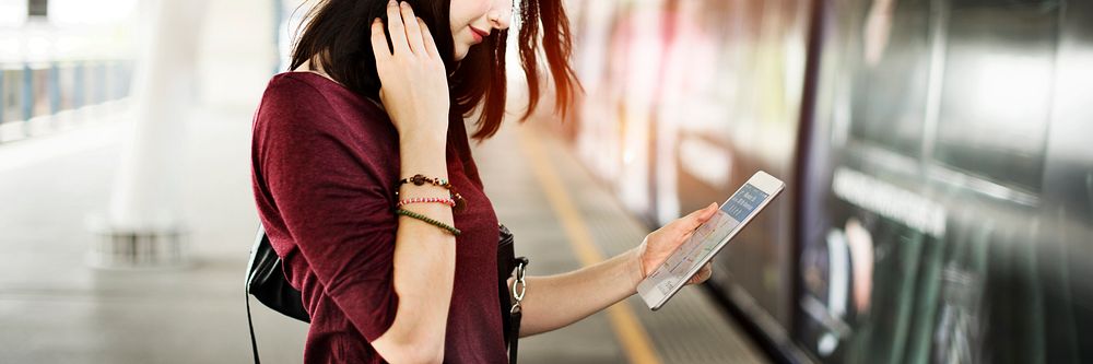 Woman Digital Tablet Trip Transportation Traveling Concept