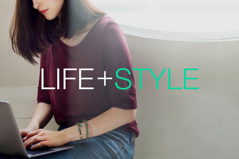 Life style word on woman using computer laptop background