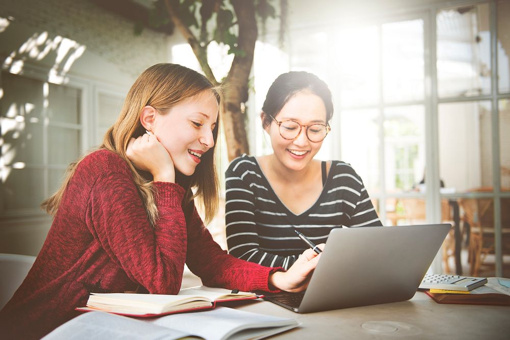 Women Friendship Studying Brainstorming Technology Concept