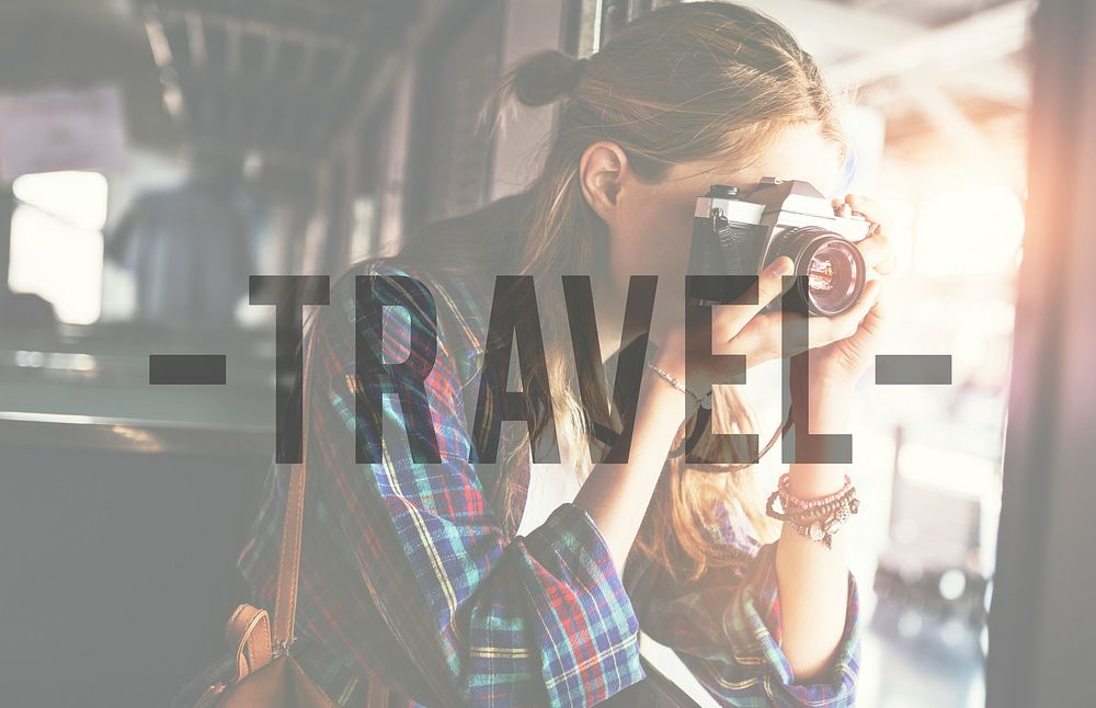 Travel word on woman taking photo background