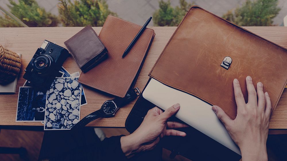 Leather briefcase for photographer and camera