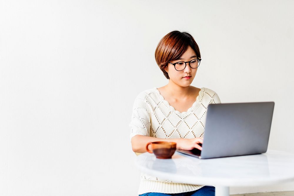 Asian Girl Laptop Communication Technology Concept
