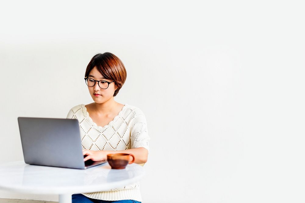 Asian Girl Laptop Communication Technology Concept