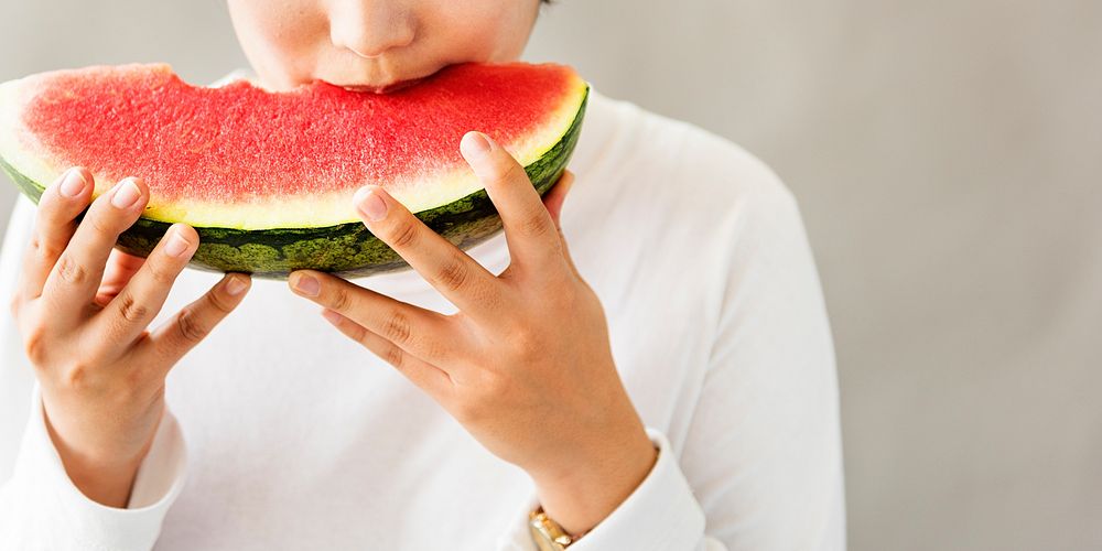 Asian Girl Eating Watermelon Fruit Sweet Dessert Concept