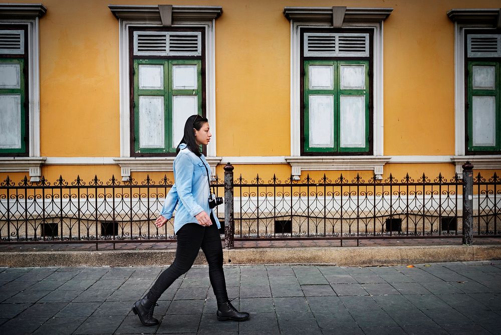 Woman Traveler Walking Street Freedom Concept