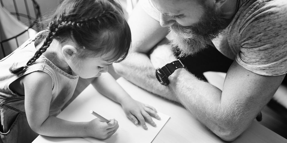 Family Father Daughter Love Parenting Teaching Drawing Togetherness Concept